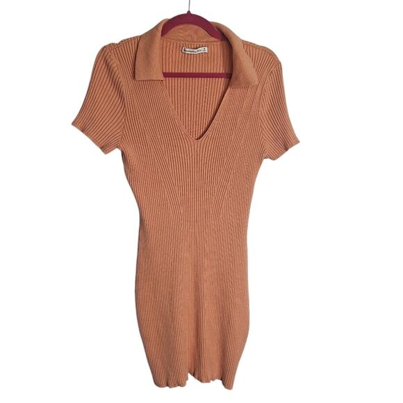 Abercrombie & Fitch Womens Bodycon Dress Short Sleeve Apricot Ribbed Mini Medium - Picture 2 of 11